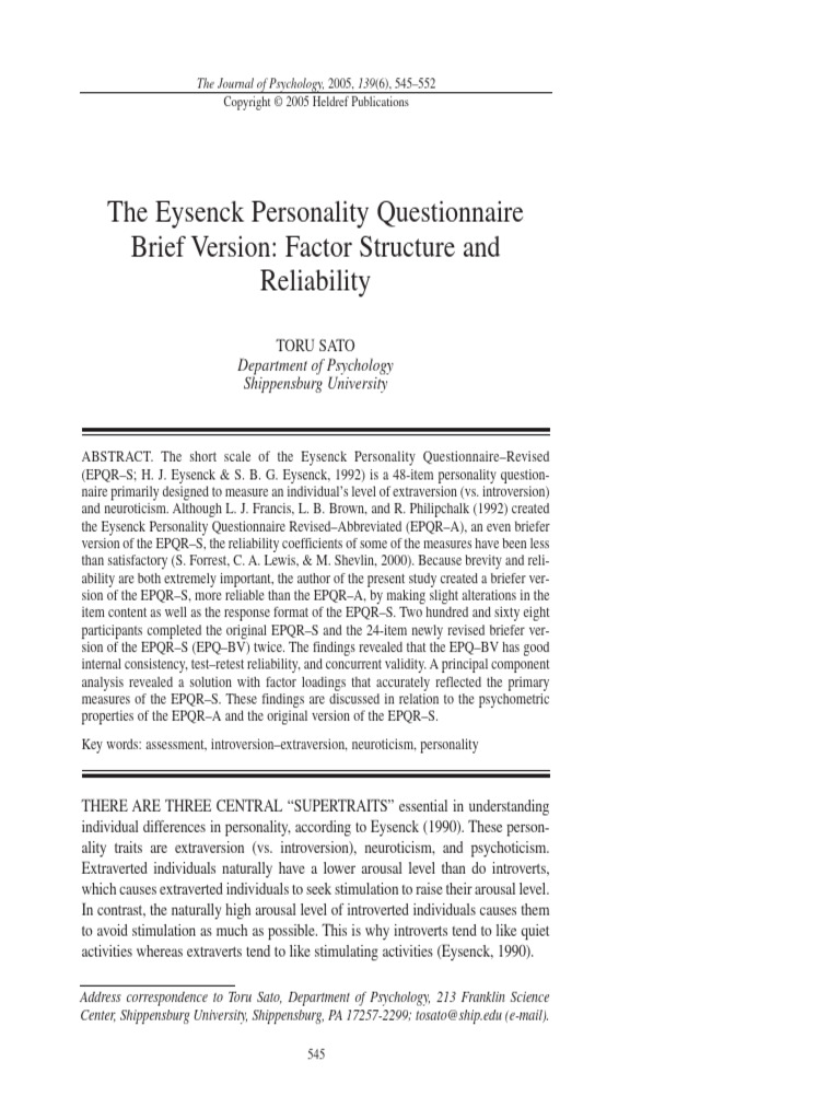 The Eysenck Personality Questionnaire BR | PDF | Extraversion And ...