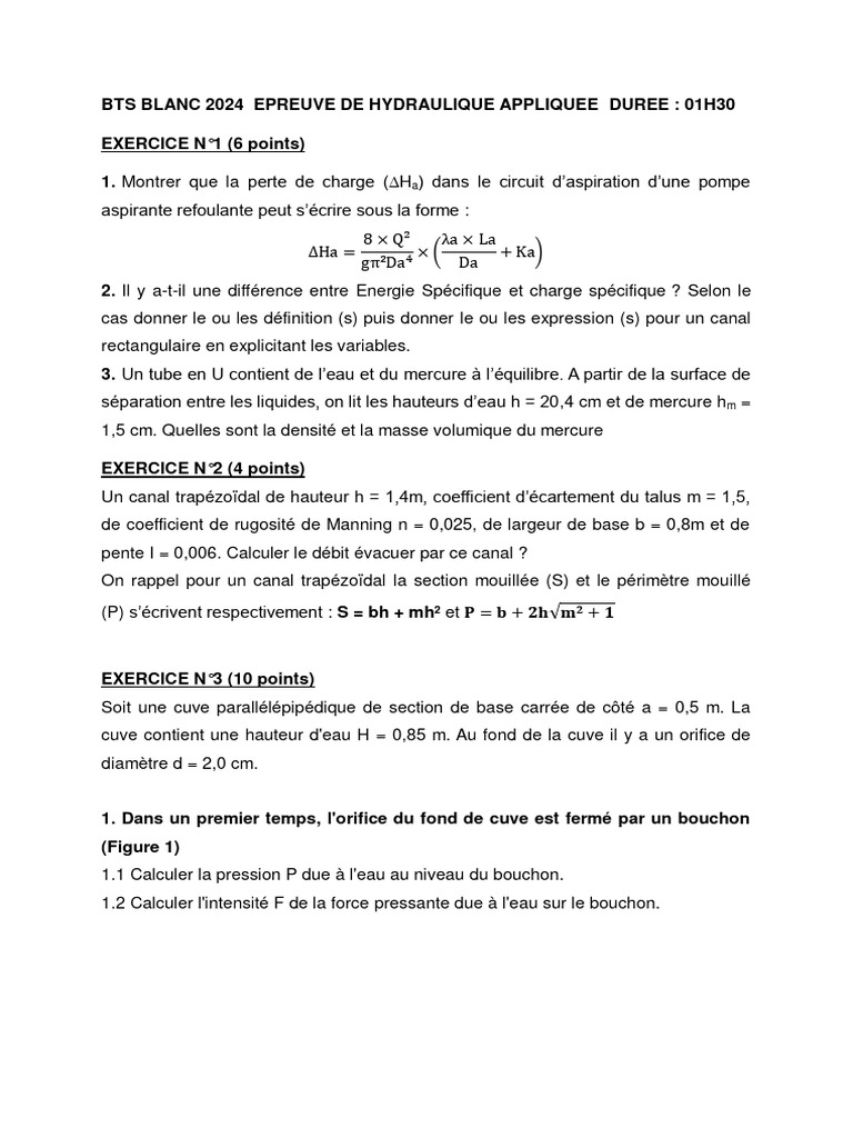 Épreuve de hydraulique BTS 2024 | PDF | Pression | Mécanique newtonienne
