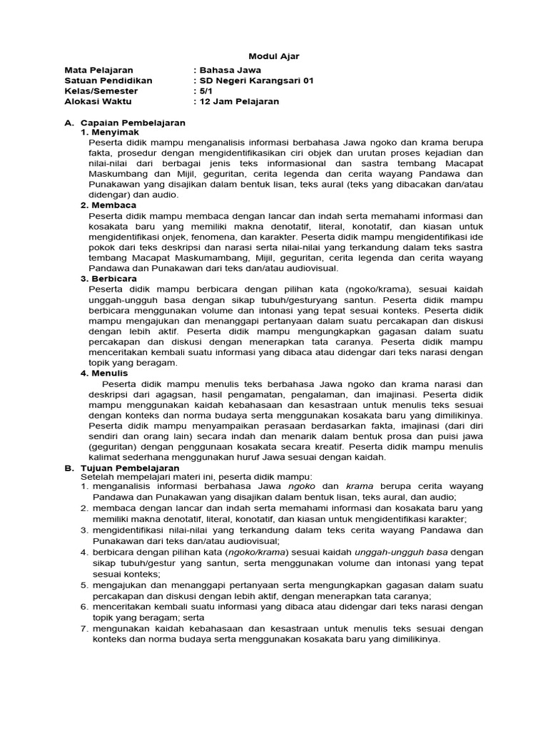 Modul Ajar Bahasa Jawa SD Kelas 5 | PDF | Karier & Perkembangan