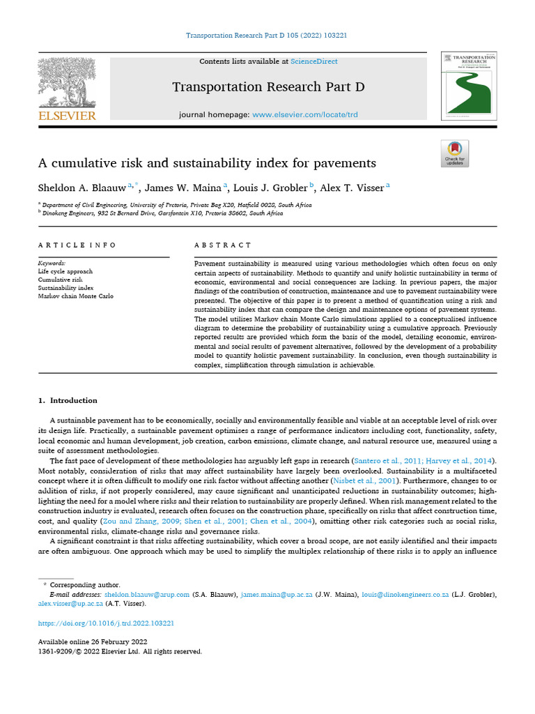 Cumulative Risk and Sustainability Index - Transp. Res. Part D | PDF ...
