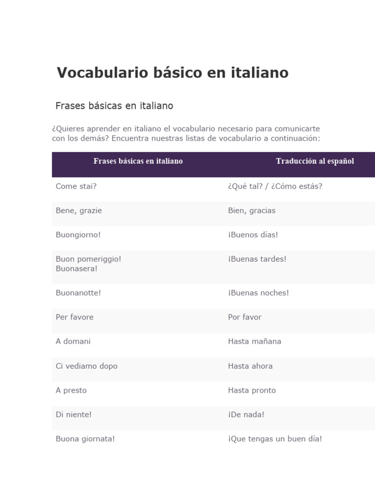 Vocabulario Básico en Italiano | PDF | Cocina