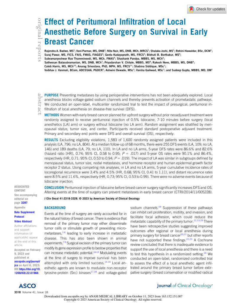 Badwe Et Al 2023 Effect of Peritumoral Infiltration of Local Anesthetic ...