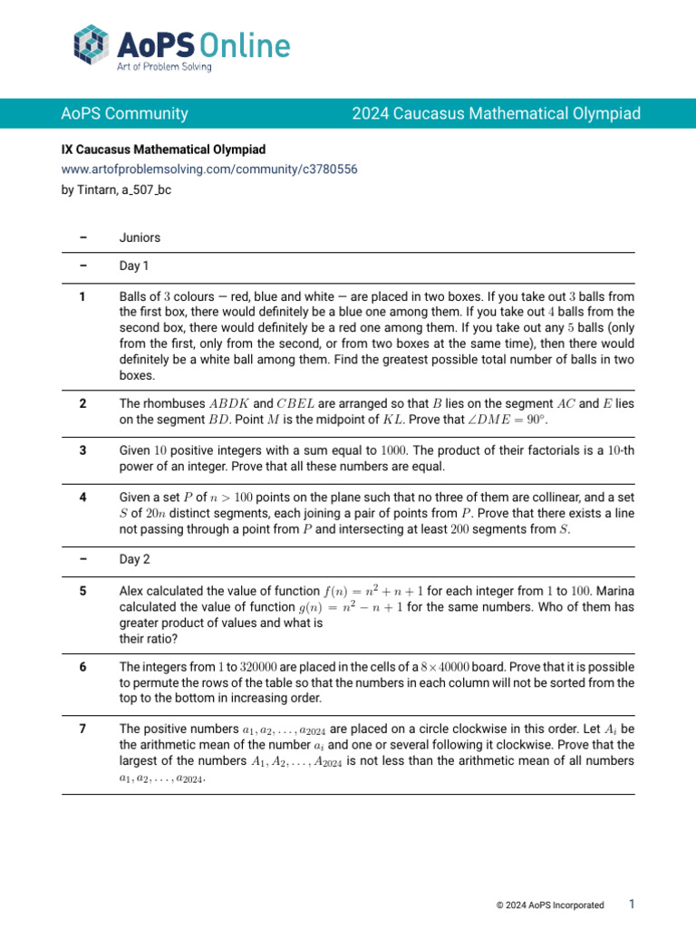 Aops Community 2024 Caucasus Mathematical Olympiad PDF Triangle