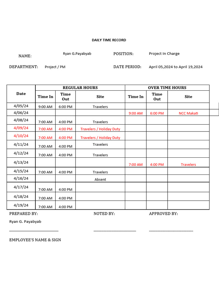 Daily Time Record for Ryan Payabyab | PDF