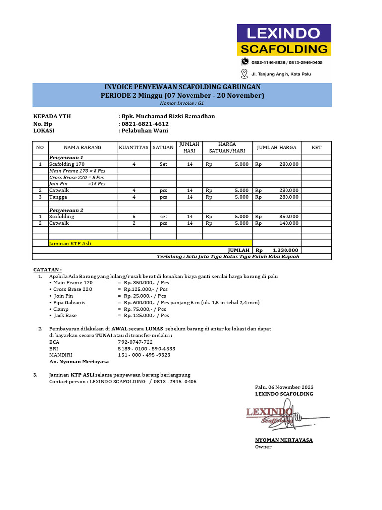 Invoice Penyewaan Scaffolding LEXINDO | PDF