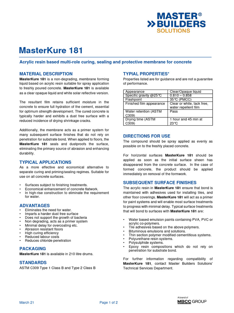 MasterKure 181 Concrete Sealer Guide | PDF | Concrete | Paint