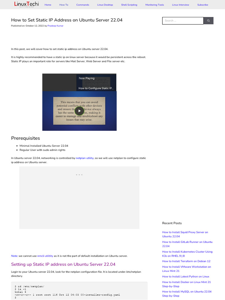 Configure Static IP on Ubuntu 22.04 | PDF | Ip Address | Linux