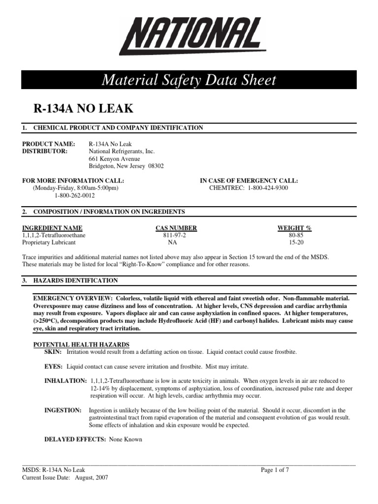 MSDS R-134a | PDF | Chemical Reactions | Aluminium