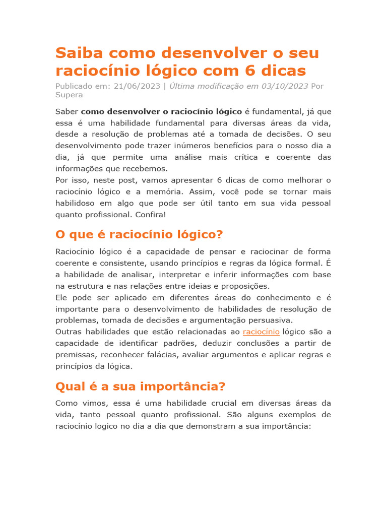 6 Dicas para Melhorar o Raciocínio Lógico | PDF | Raciocínio dedutivo ...