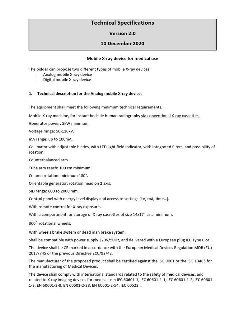 05 - SEG20011 Technical Specifications V2.0 | PDF | Medical Device | X Ray