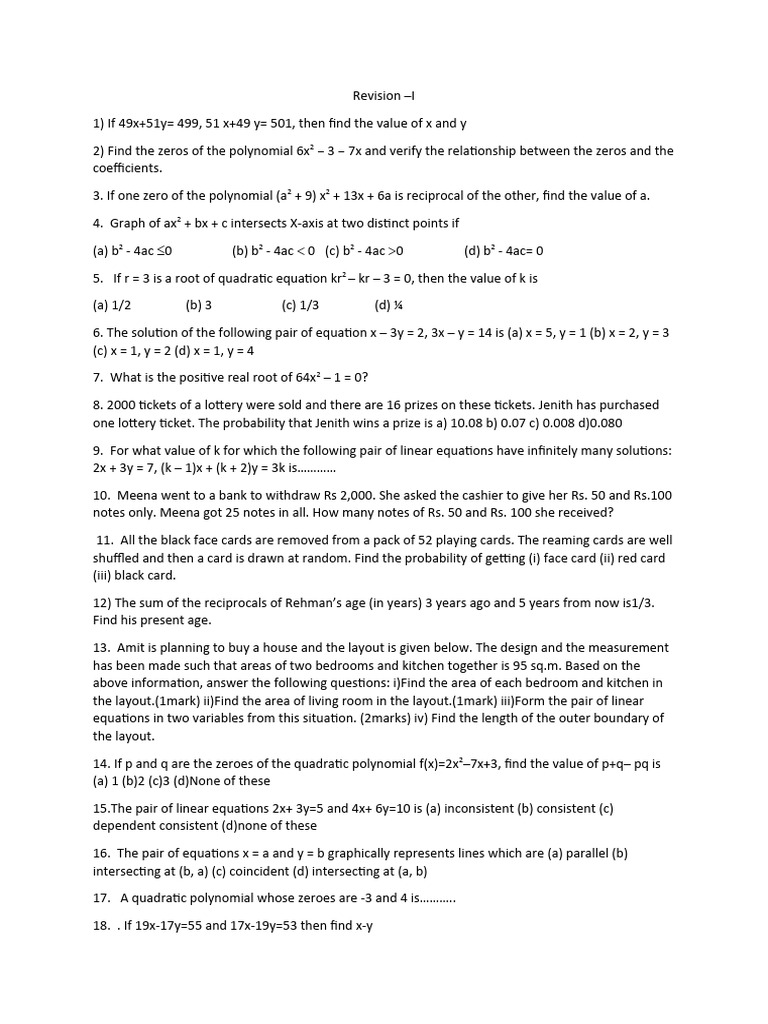 Revision 1 | PDF | Quadratic Equation | Zero Of A Function
