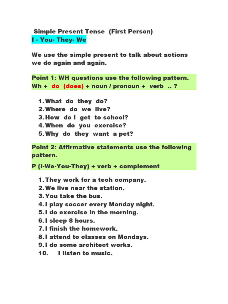 Verbs in Simple Present Tense | PDF | Verb | Question