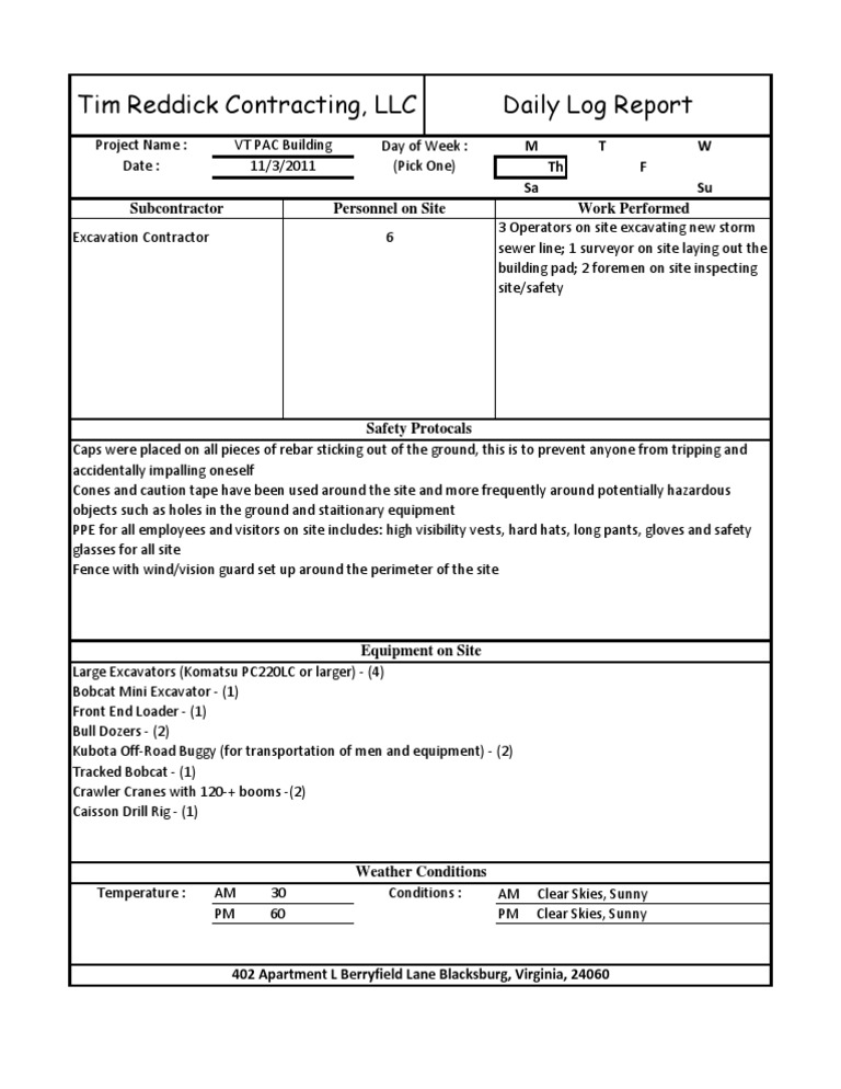 11-3-11 Daily Log Report (Reddick Construction) | PDF | Technology ...