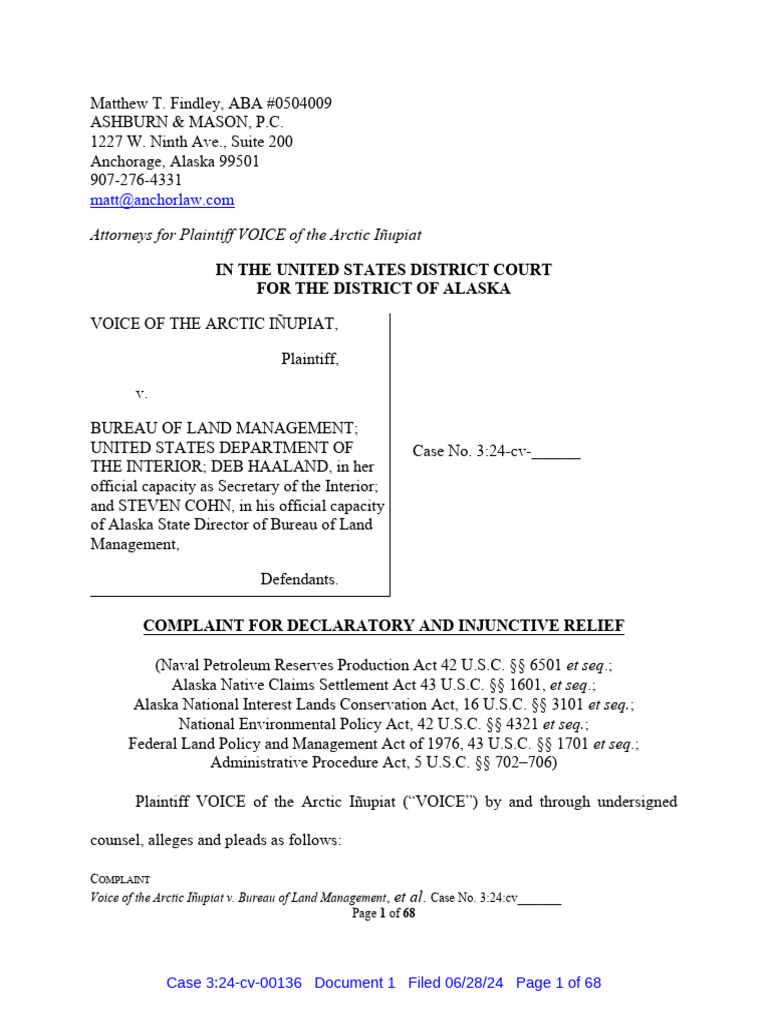 VOICE NPR-A Complaint | PDF | Bureau Of Land Management | Alaska