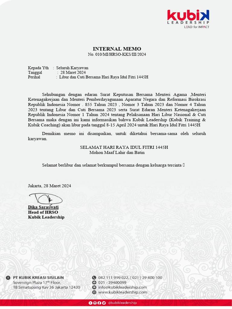 Libur Idul Fitri 1445H untuk Karyawan | PDF | Pengelolaan Keuangan & Uang