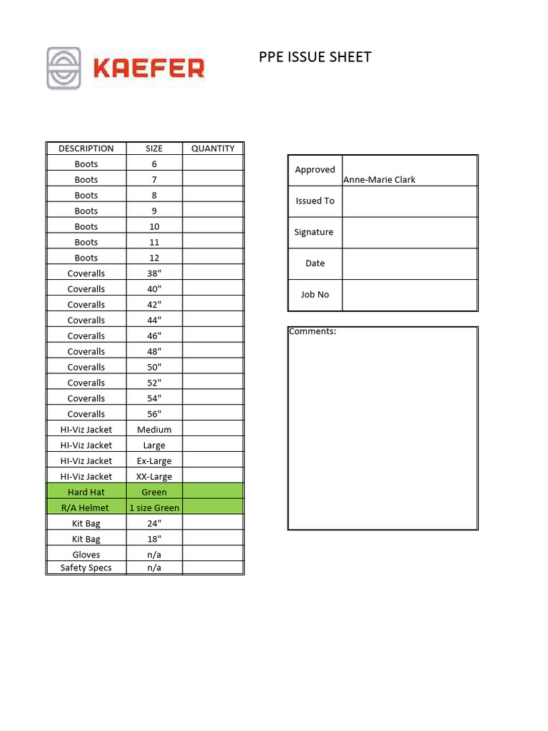 Ppe issue sheet pdf