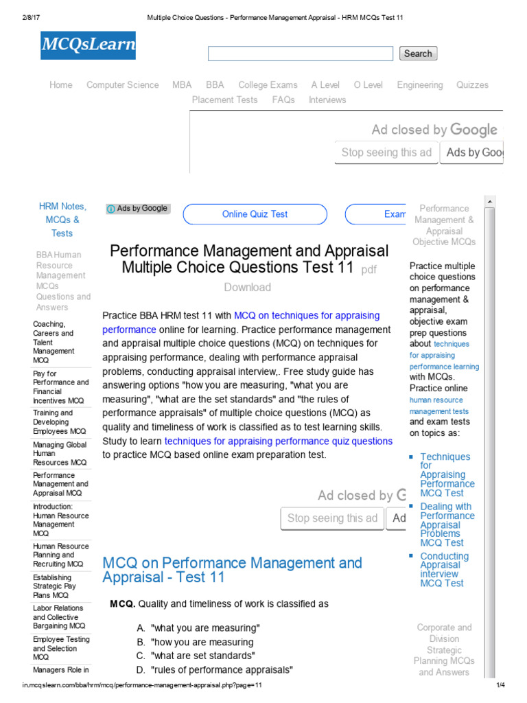 Performance Management MCQs Test 11 | PDF | Performance Appraisal ...