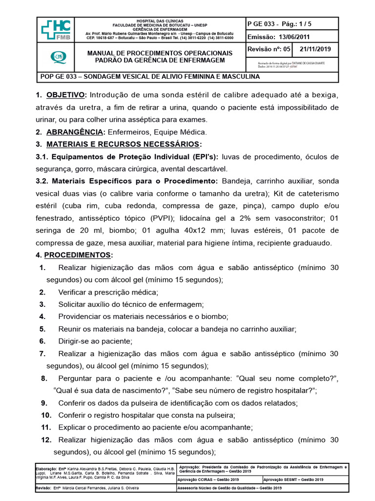 POP GE 033 Sondagem Vesical de Alivio Feminina e Masculina | PDF ...