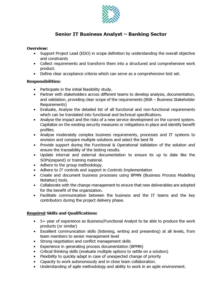 Job Description - Senior IT Business Analyst - Banking Sector | PDF ...
