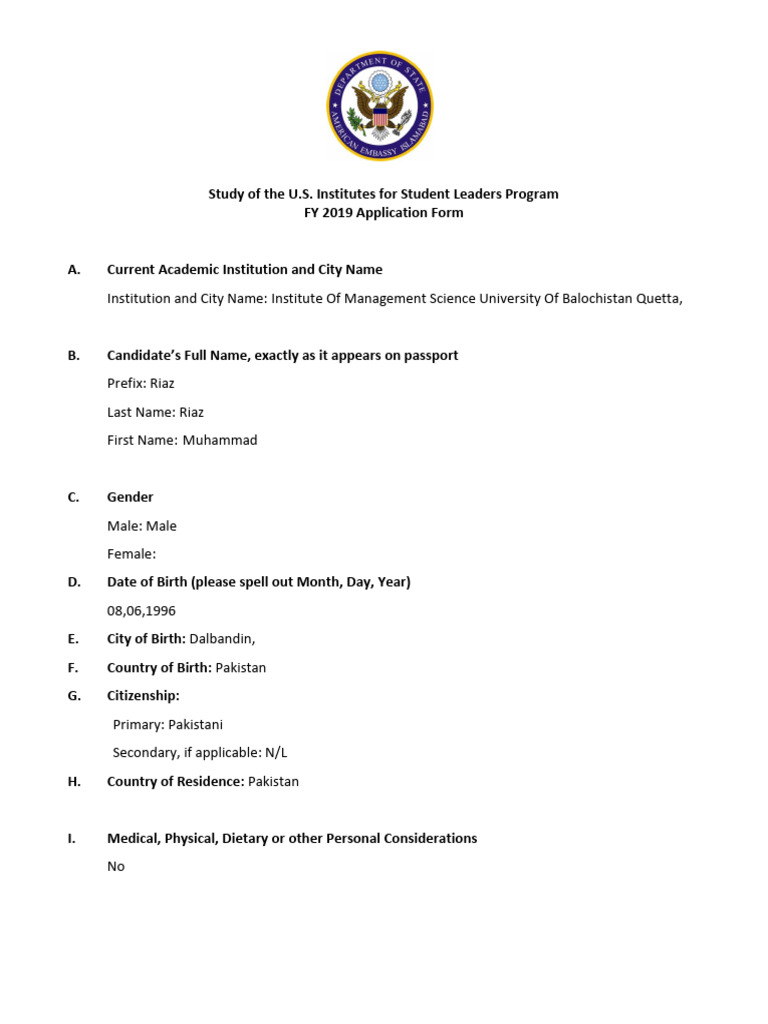 SUSI F13 Application Form Details | PDF | Leadership | Pakistan