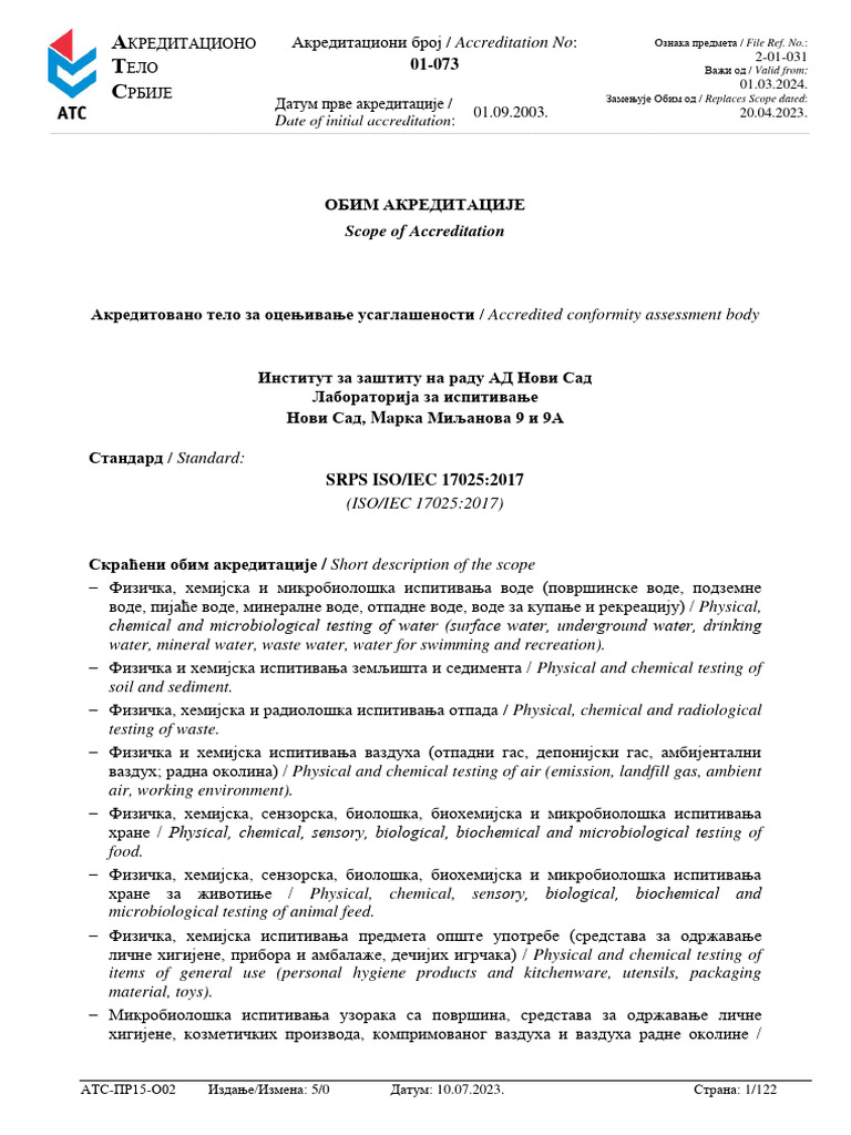Laboratorija Za Ispitivanje Obim Akreditacije | PDF