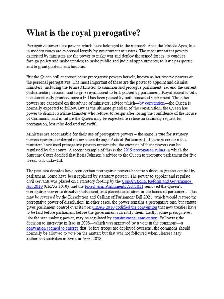 Understanding Royal Prerogative Powers | PDF | Public Law | Accountability