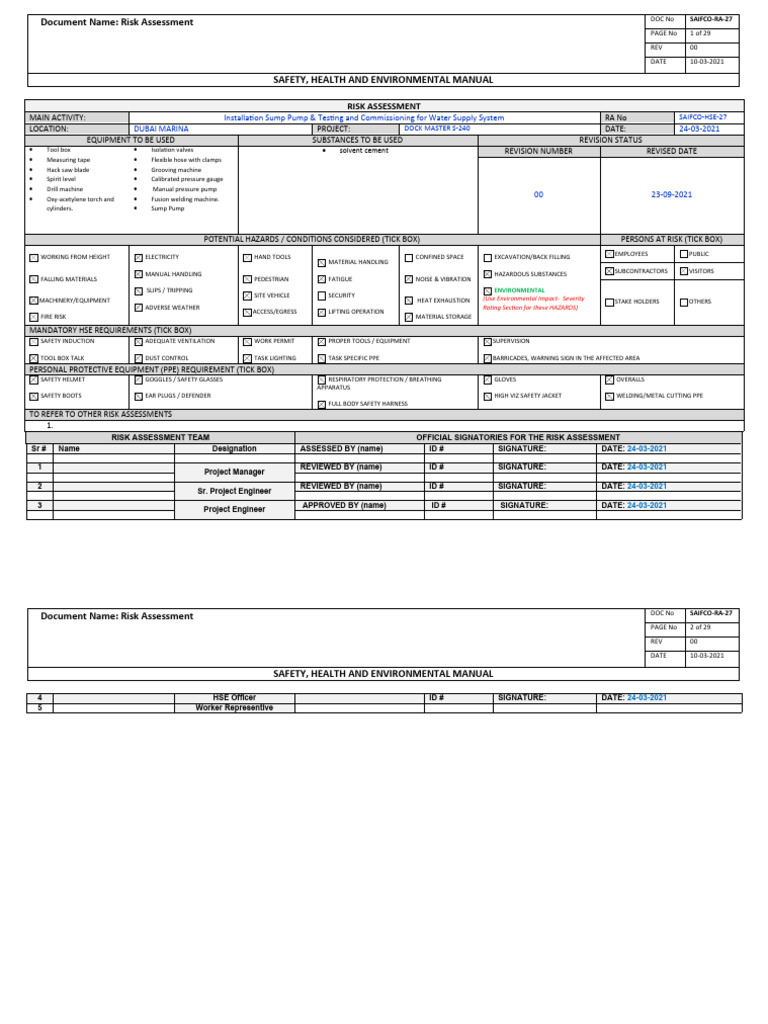 Risk Assessment for Sump Pump Installation | PDF | Personal Protective ...