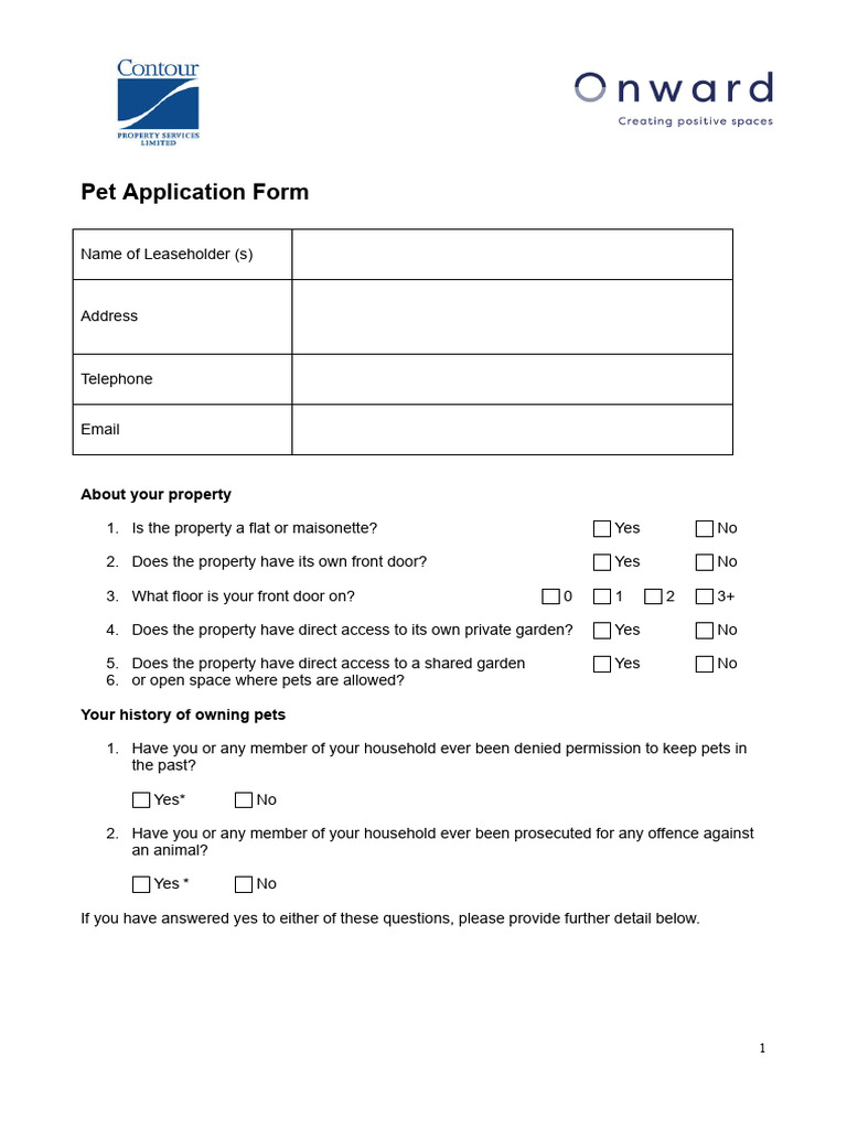 Pet Application Form PDF Pet Animals And Humans