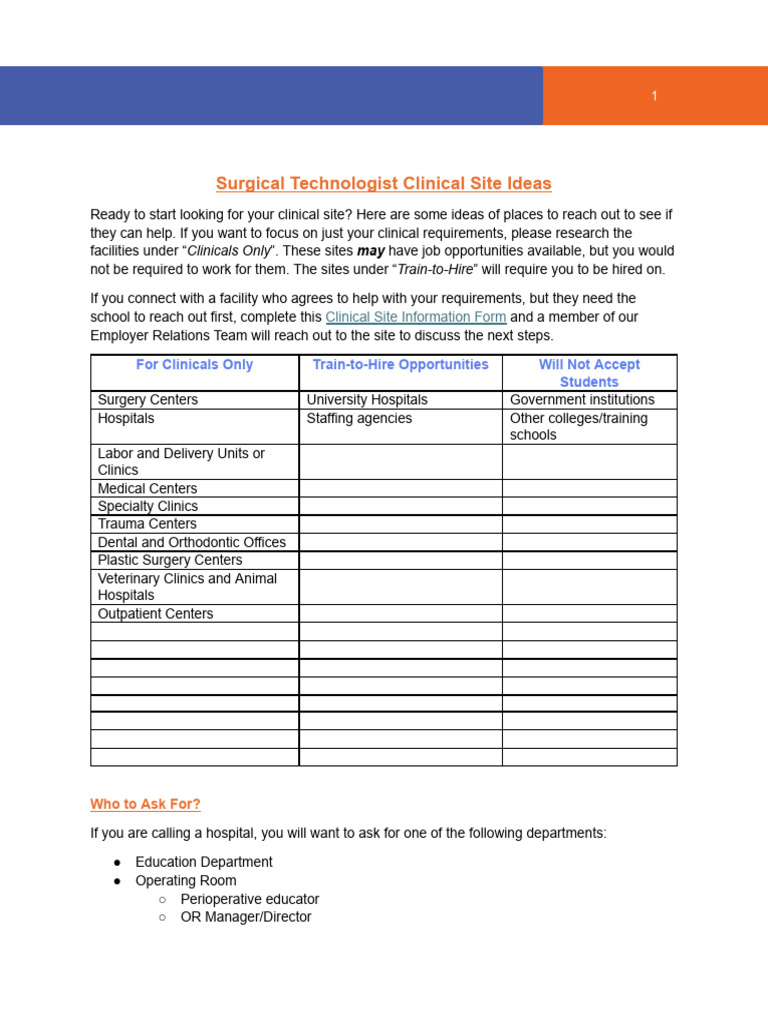Surgical Technologist Clinical Site Ideas | PDF | Surgery | Hospital