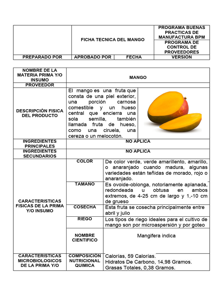 Ficha Técnica del Mango | PDF | Mango | Fruta