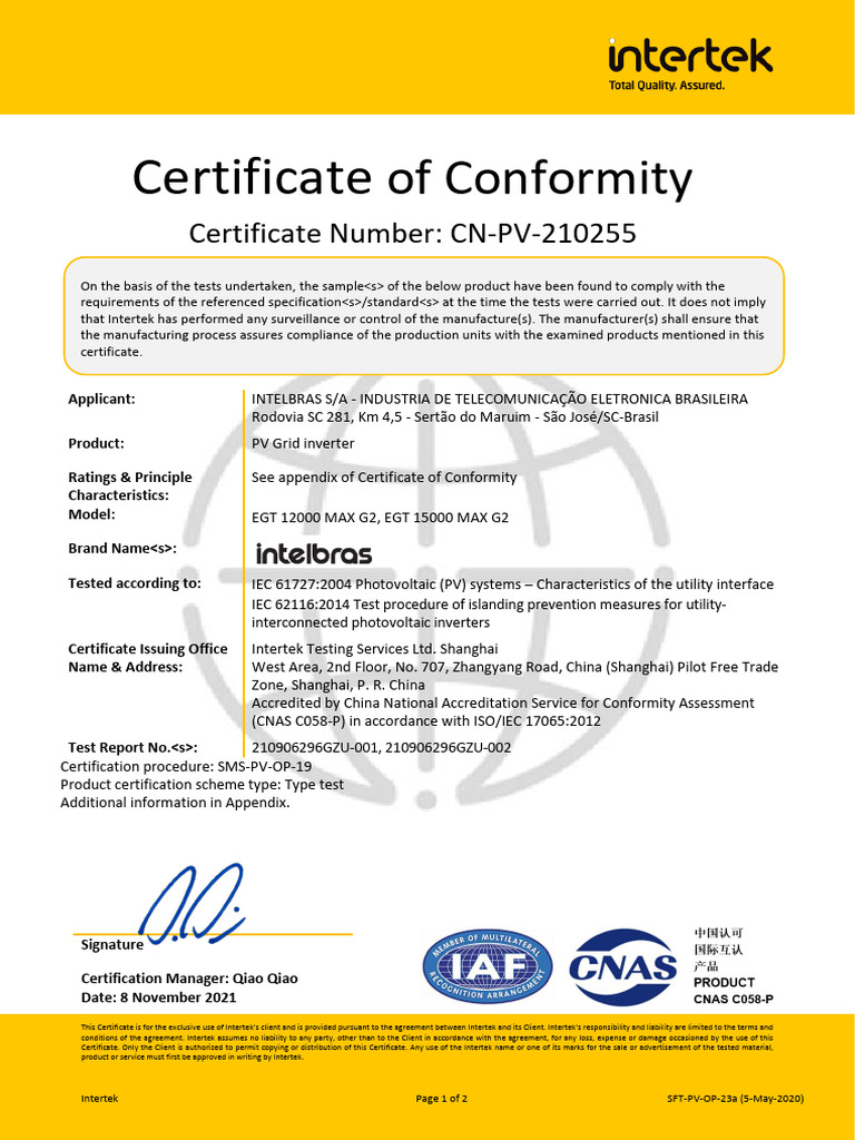 Intertek Certificate for PV Inverters | PDF | Electrical Engineering ...