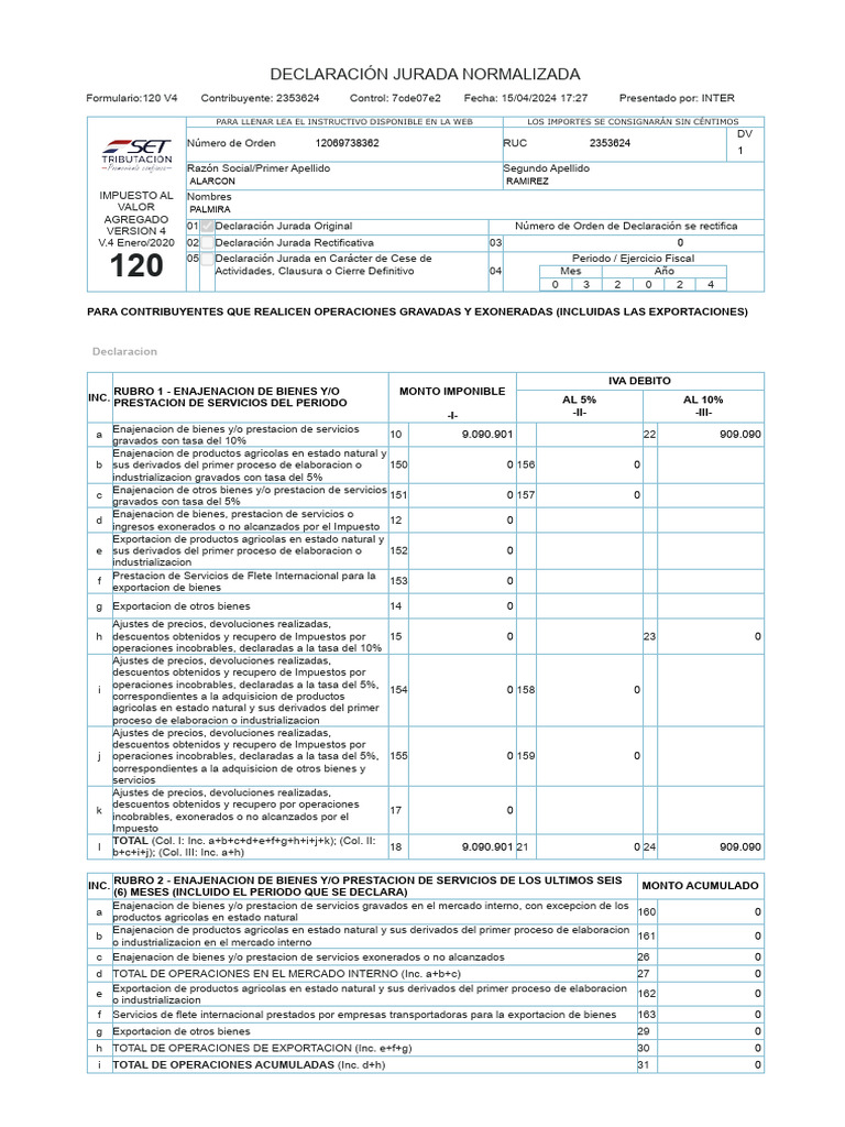 Declaración Jurada IVA 2024 | PDF | Impuesto al valor agregado | Impuestos