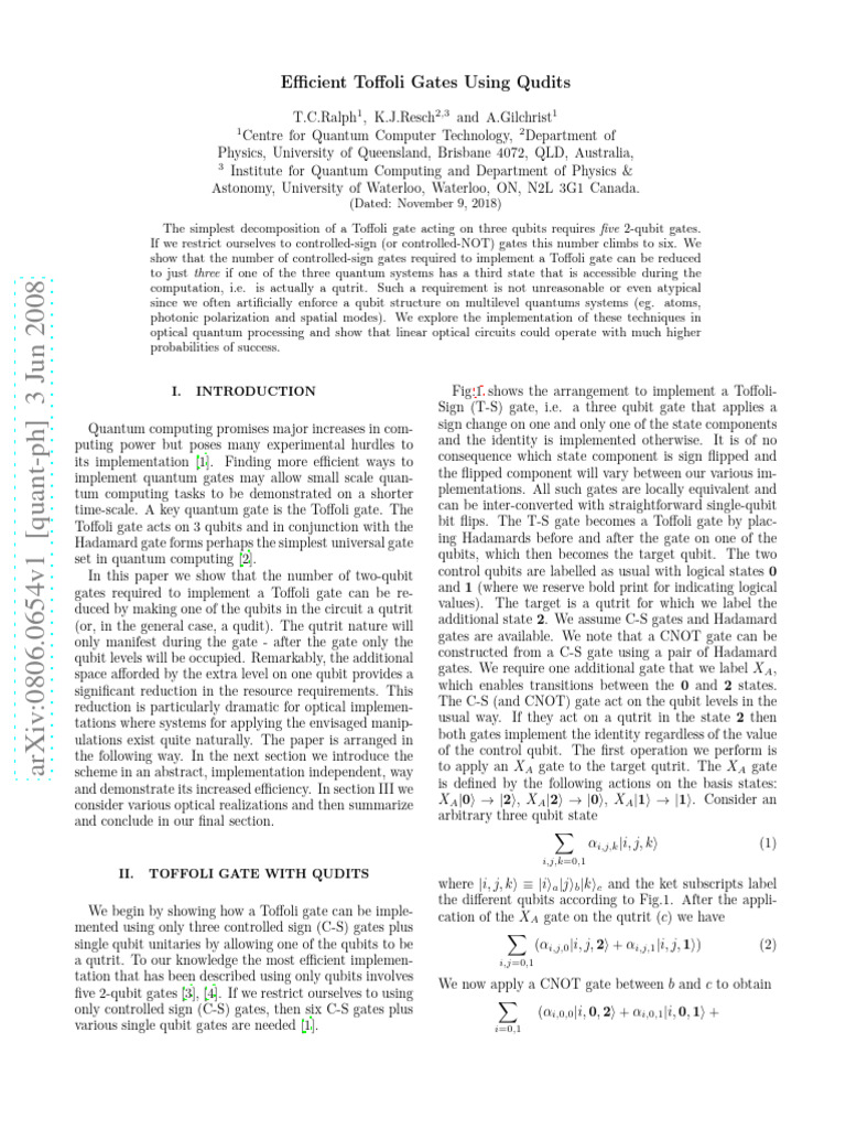 Efficient Toffoli Gates with Qudits | PDF | Theoretical Computer ...