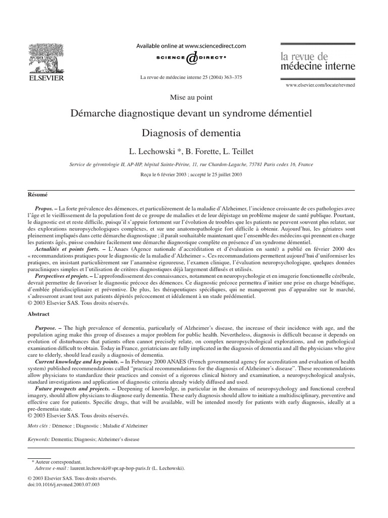 Diagnostic des démences et Alzheimer | PDF | Démence | Maladie d'Alzheimer