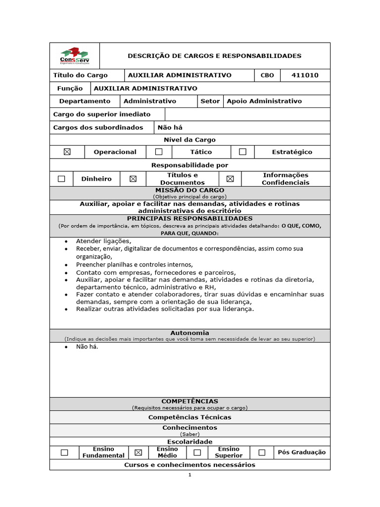 Descrição do Cargo: Auxiliar Administrativo | PDF | Business | Informática