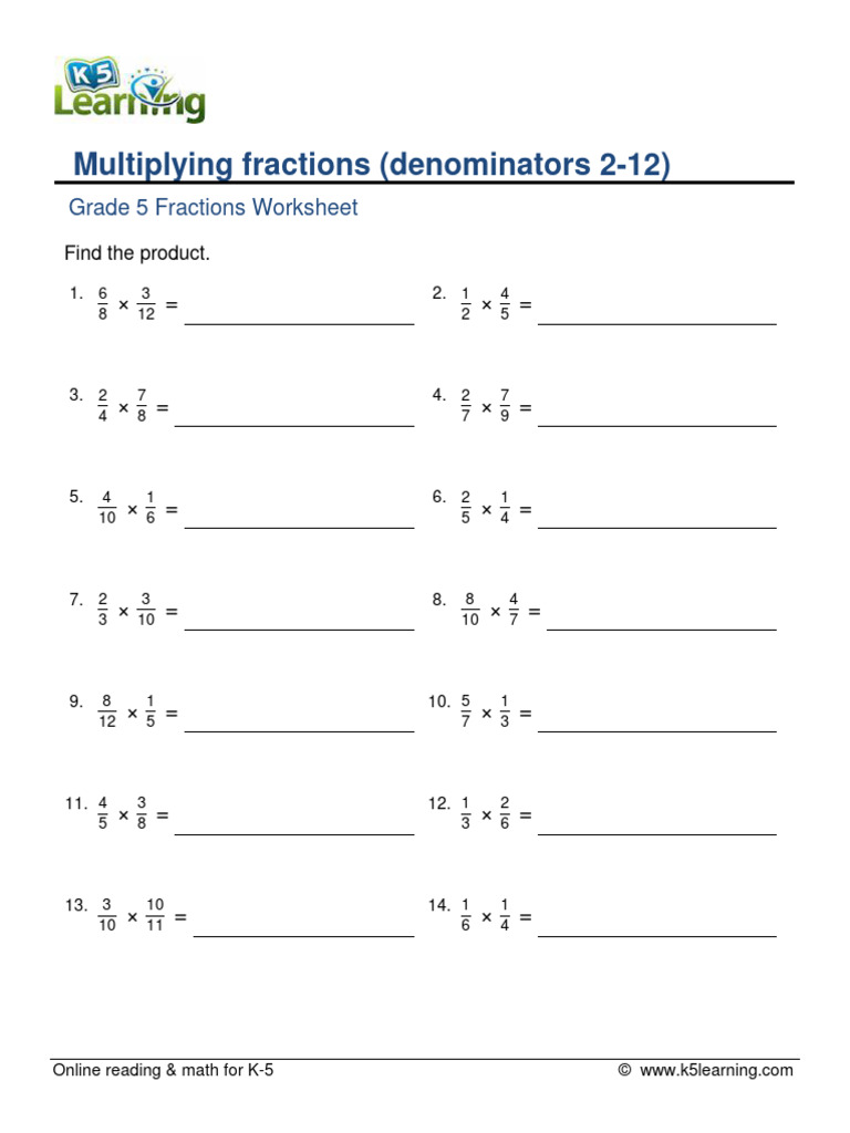 Grade 5 Fractions Worksheet - Multiplying Fractions (Denominators 2-12