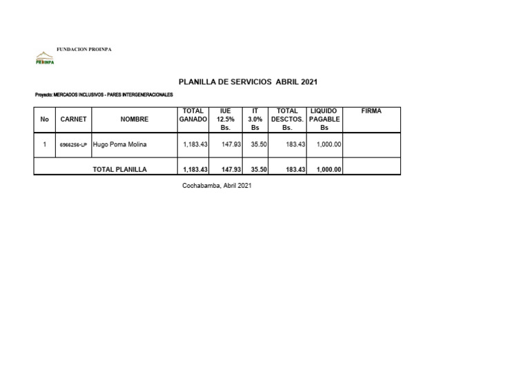 Formato Planilla de Servicios | PDF