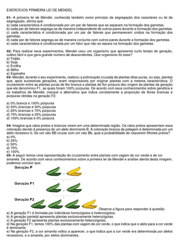 Exercícios sobre a Primeira Lei de Mendel | PDF | Dominância (genética ...