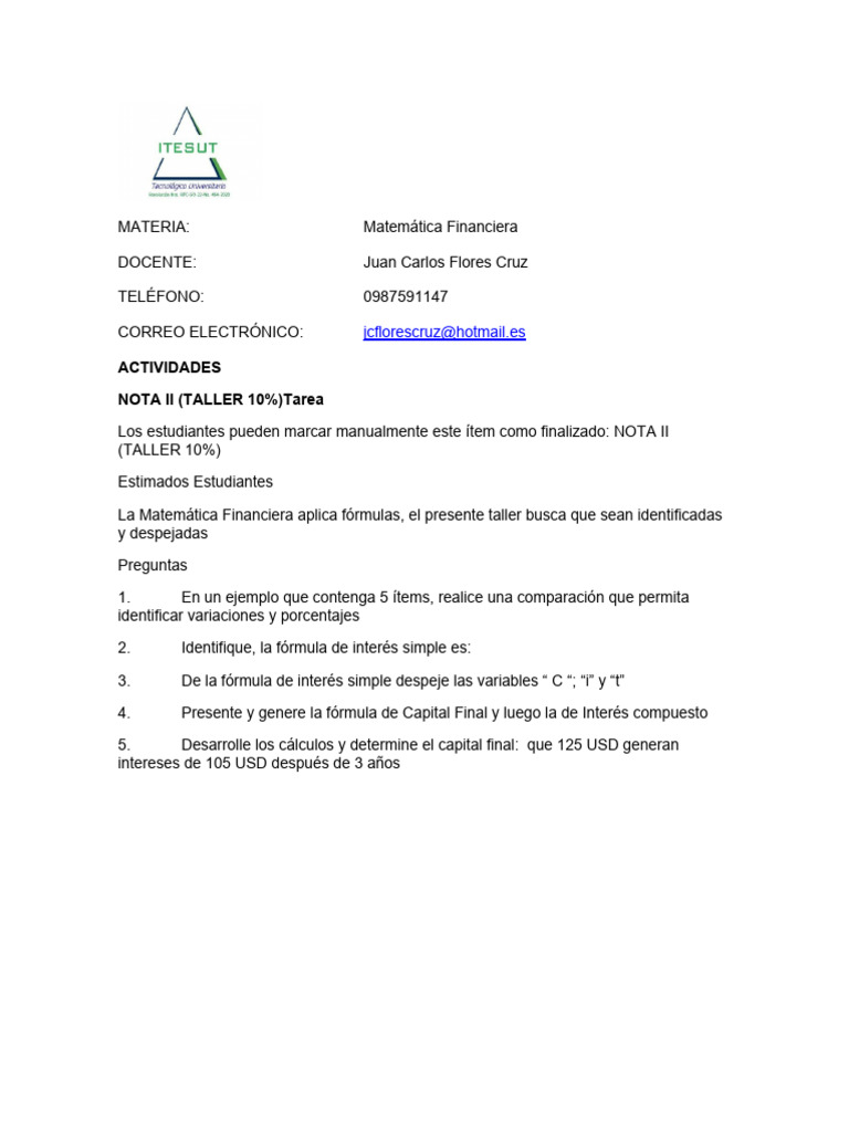 Matemática Financiera TALLER II | PDF | Crecimiento personal y profesional