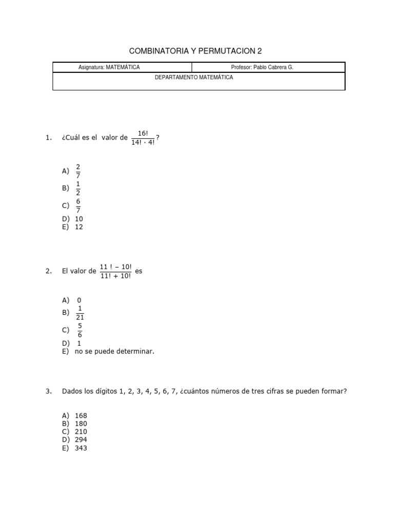 Ejercicios de Combinatoria para Primaria | PDF | Permutación