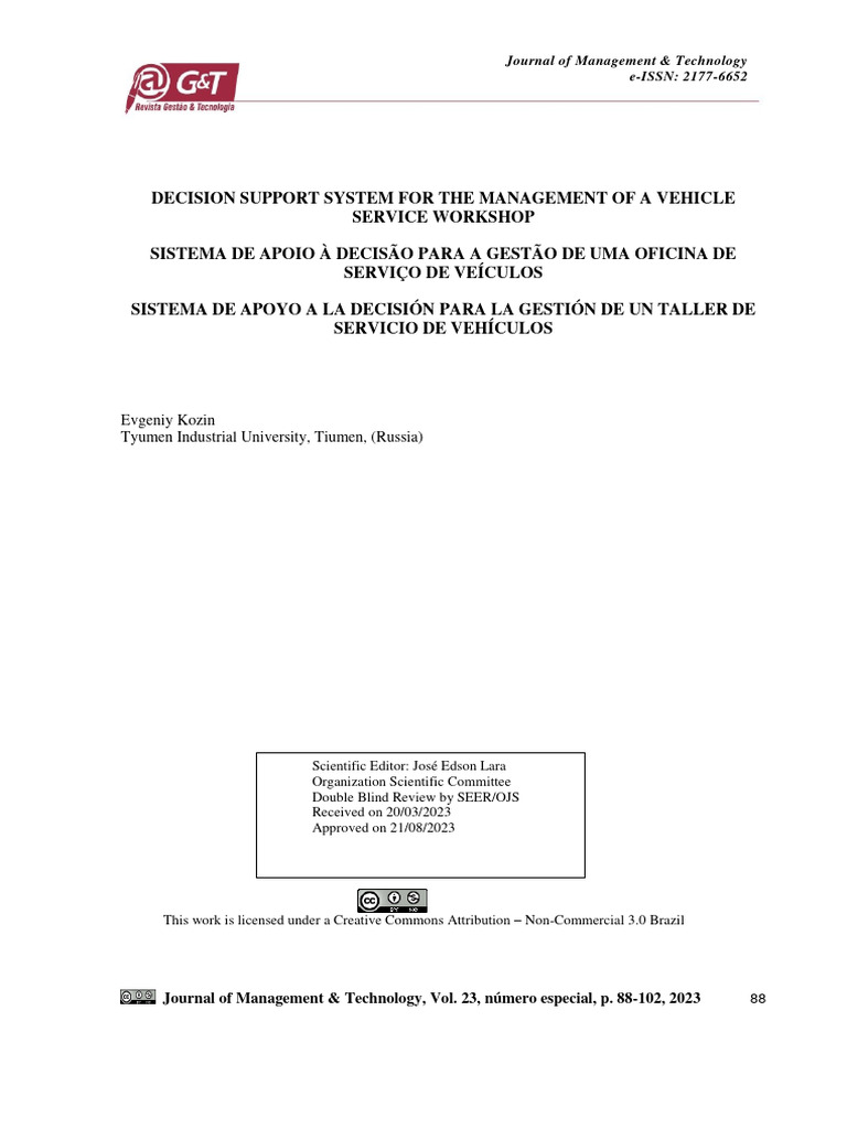Decision Support System For The Management of A Vehicle Service ...