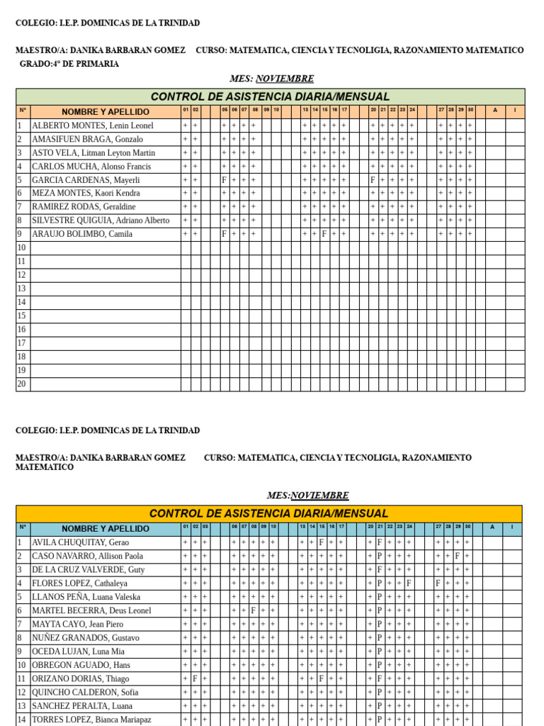 Control de Asistencia 4° Primaria | PDF