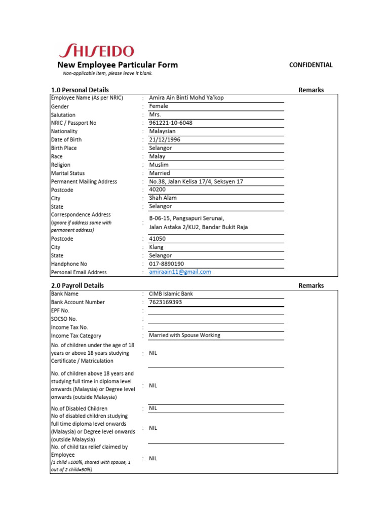New Employee Personal Information Form | PDF | Malaysia