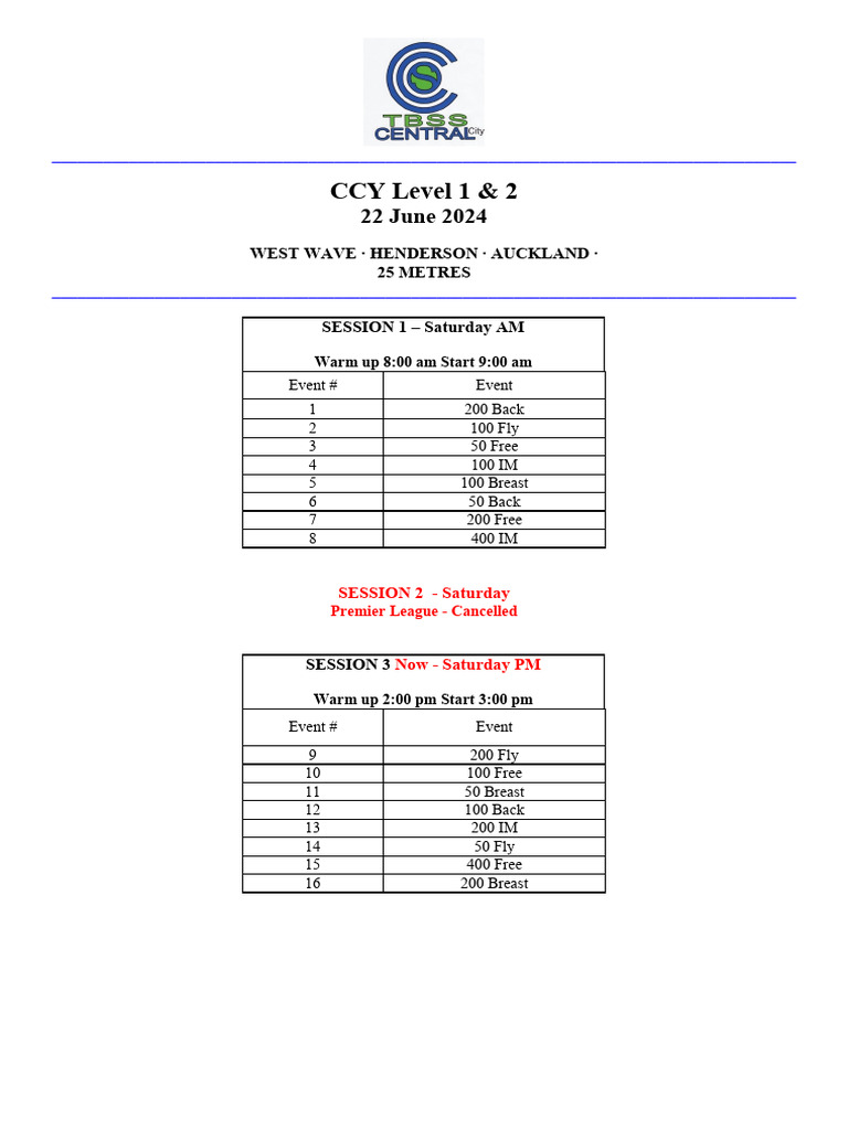 CCY Level 1 & 2 Swimming Meet 2024 | PDF | Swimming (Sport)