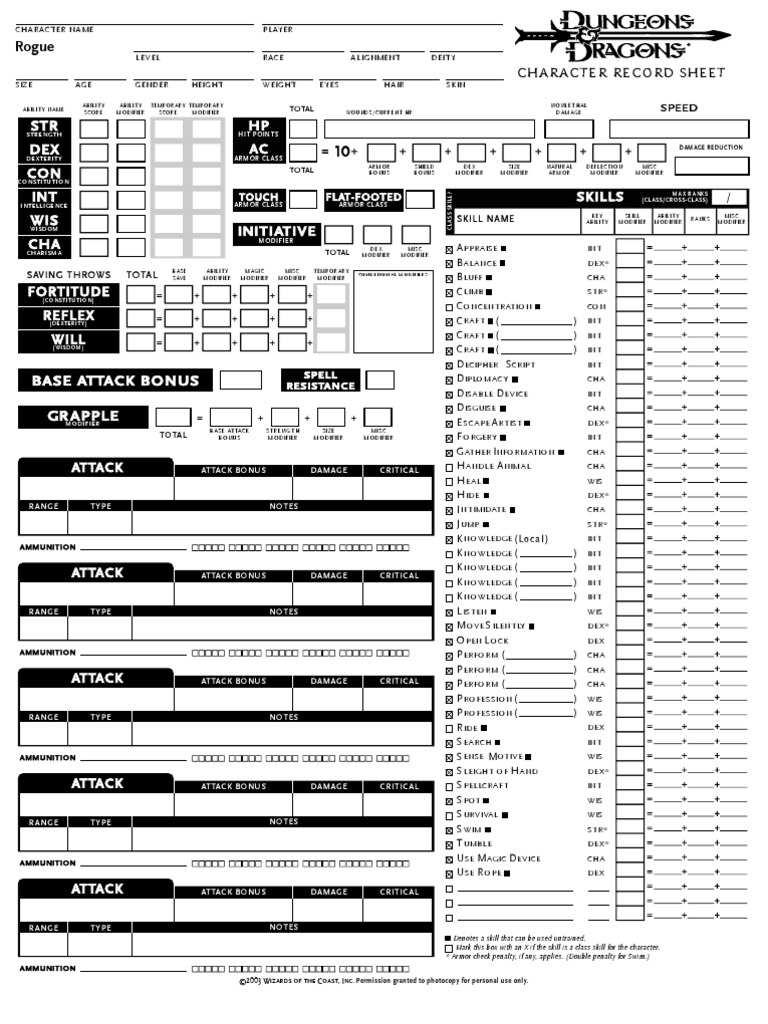 Character Sheet Rogue V3 5 Pdf Leisure Activities Tsr Company Games