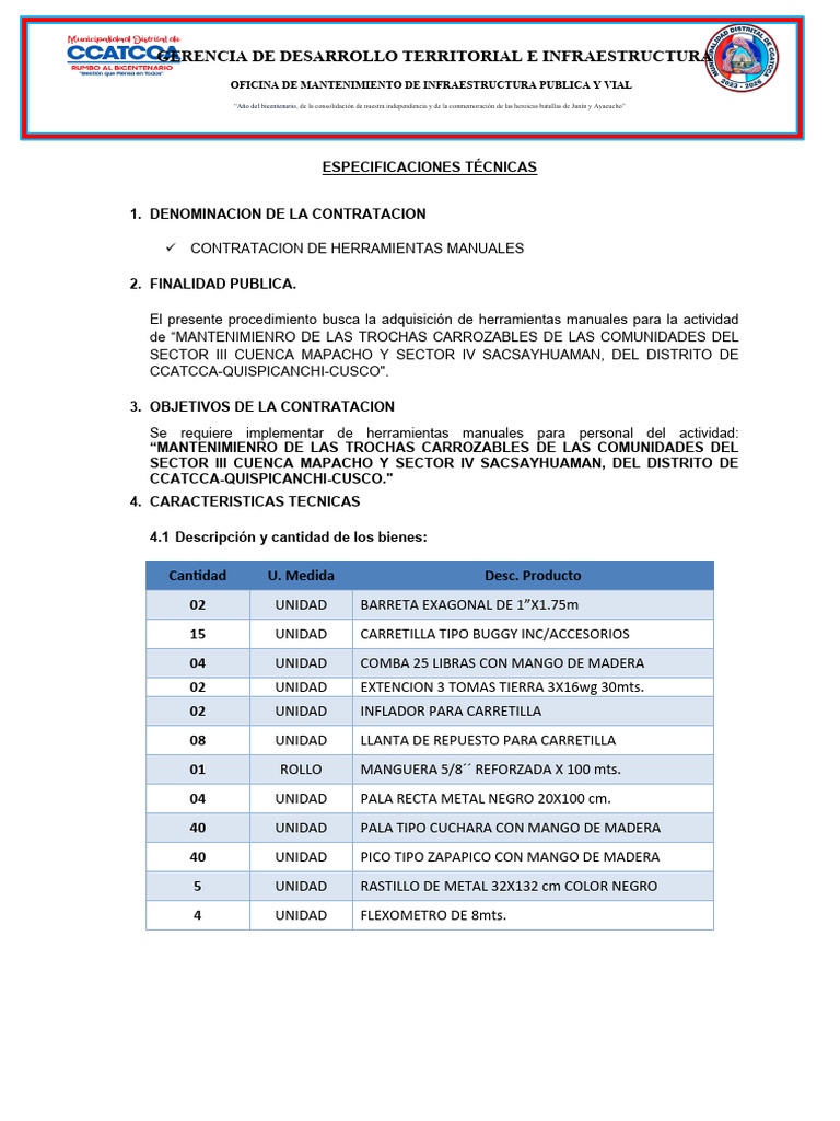 Contratación de Herramientas Manuales para Mantenimiento Vial | PDF ...