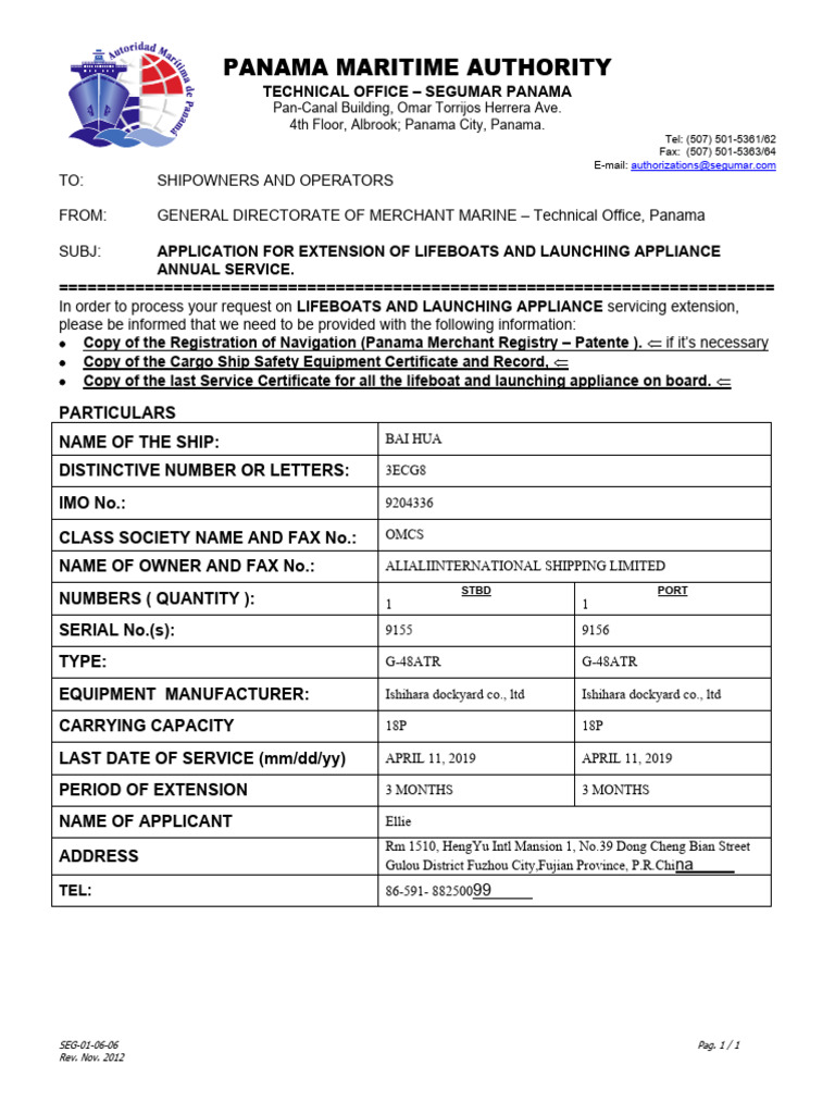 Seg 01-06-06 Application For Extension of Lifeboats and Launching ...