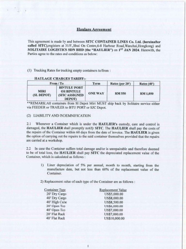 Solitaire Logistics SDN BHD Haulage Agreement (Mymyy-Mybtu) - Sign | PDF