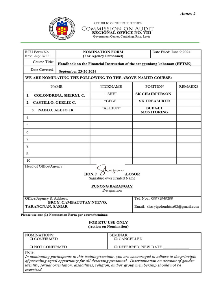 COA Nomination Form for Training | PDF | Equality Rights | Discrimination