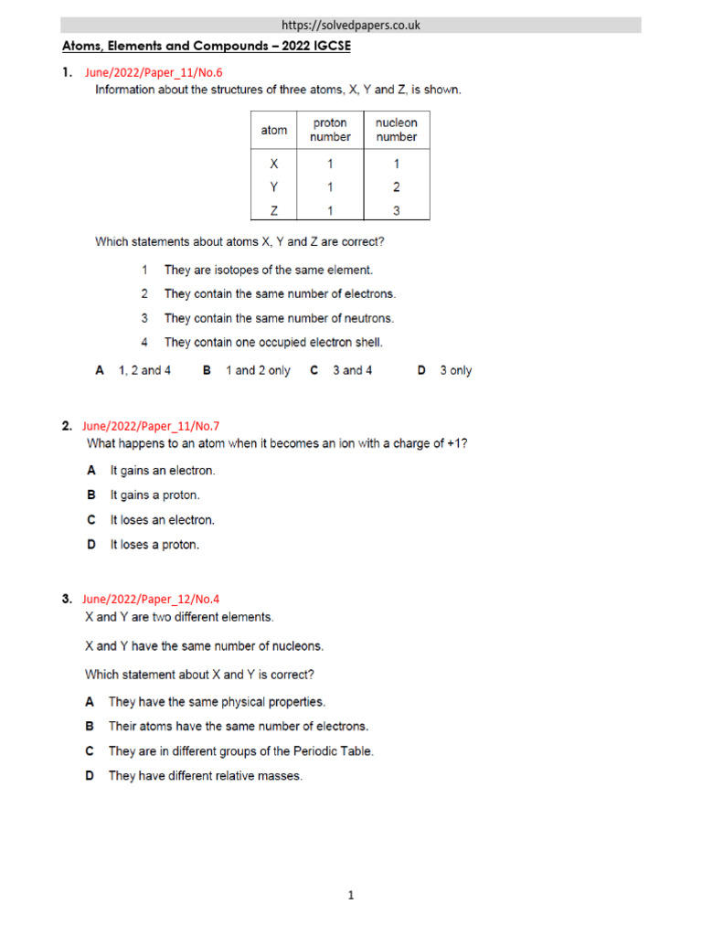 IGCSE Atoms, Elements & Compounds Papers | PDF | Chemistry | Atoms